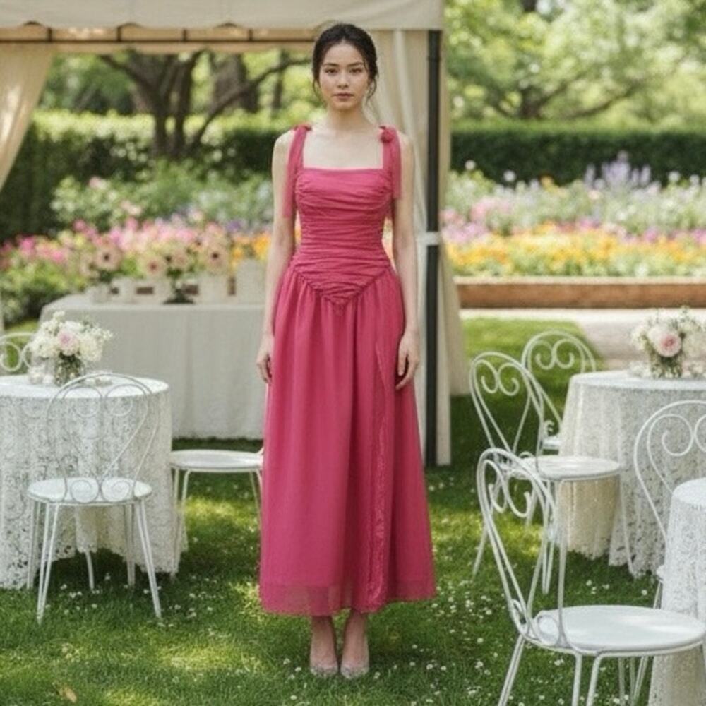 Bardot Mirelle Hot Pink Linen Blend Ruched Maxi Dress Tie Straps Sz 8 NWT Party